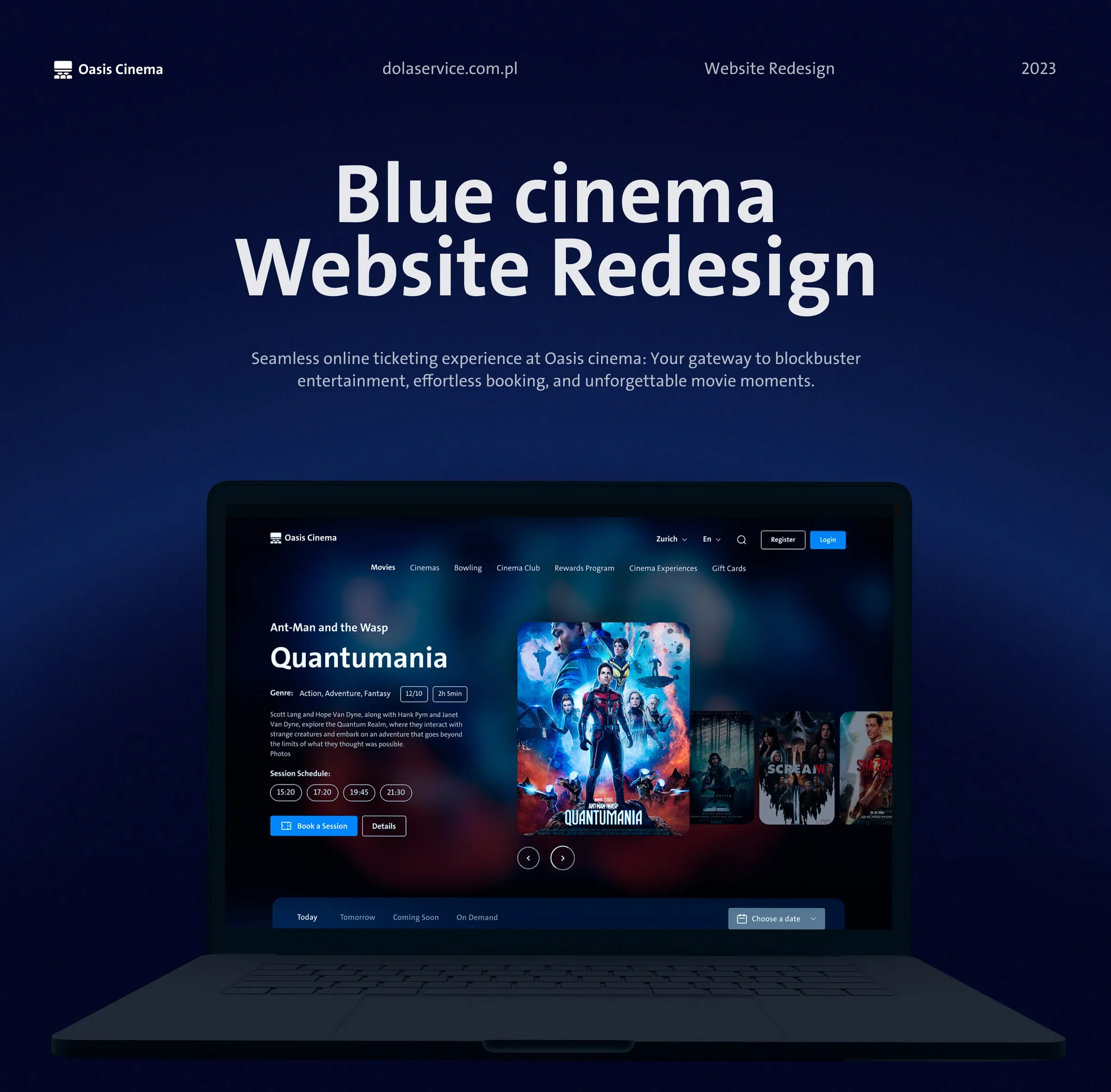 Blue Cinema website redesign — full design board: brand, typography, home, product and ticket-booking pages