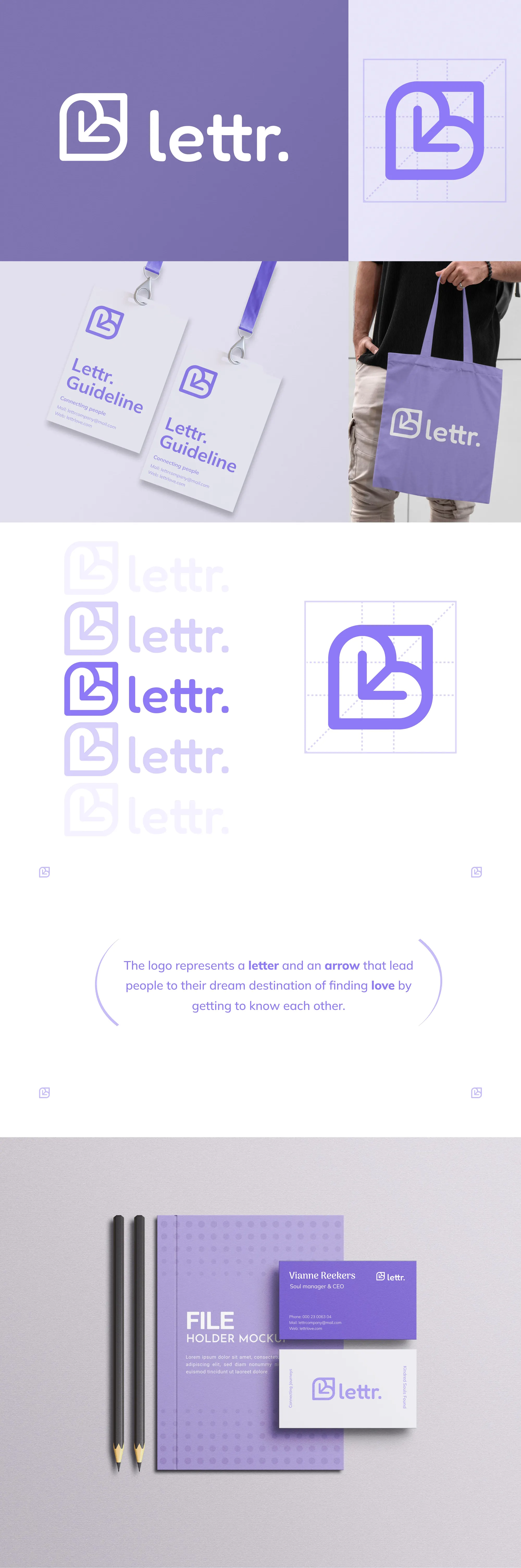 lettr. brand system — logo construction, guideline cards, stationery