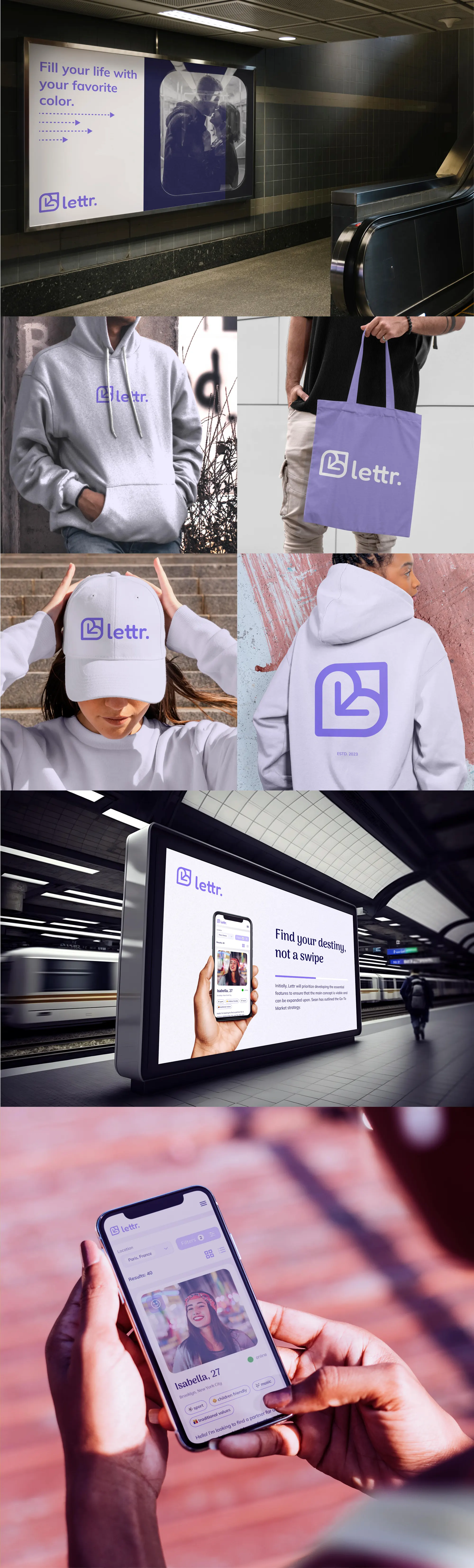 lettr. brand applications — transit billboards, apparel, mobile