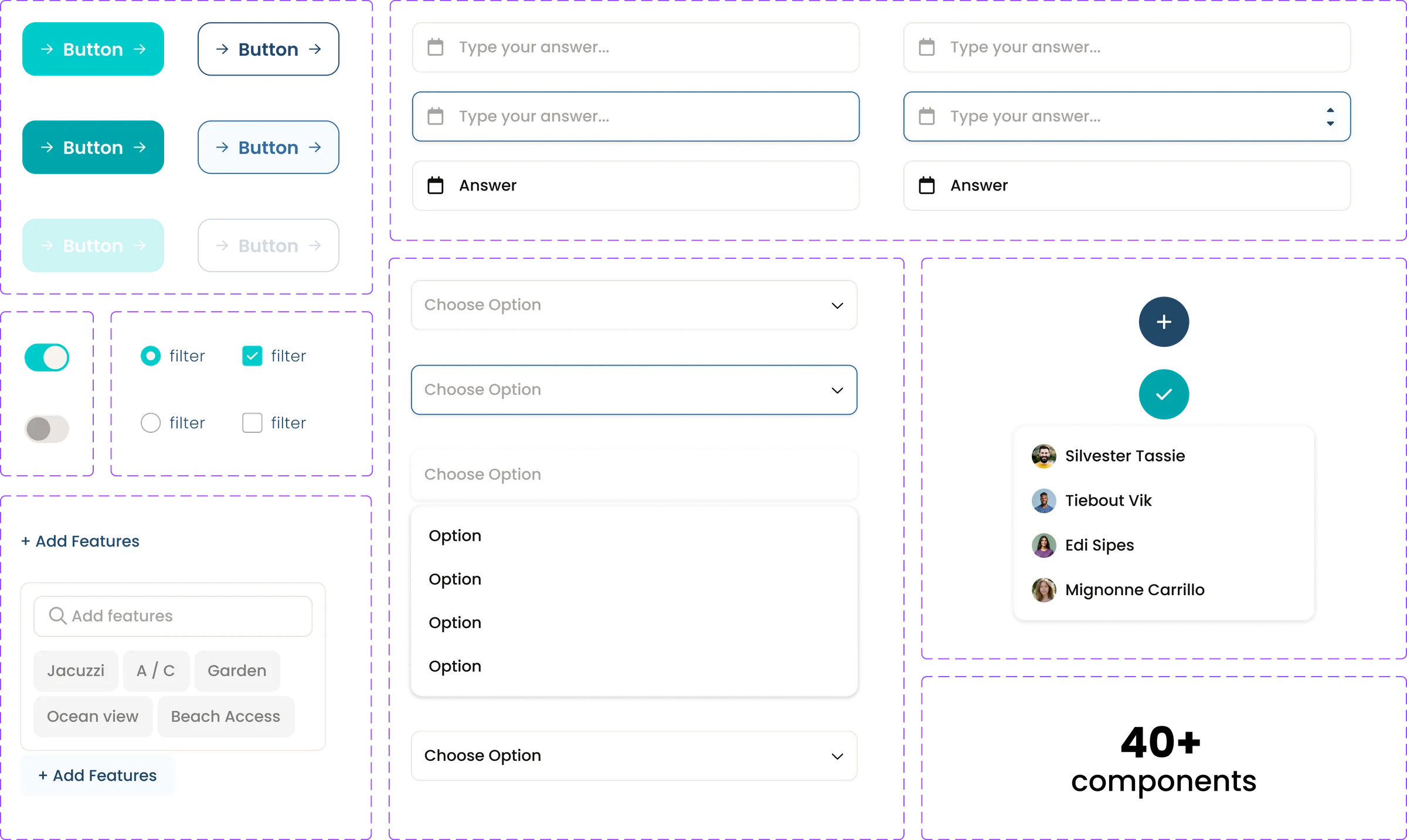 The component sheet — filled and outlined buttons in three states, toggles, radios and checkboxes, the feature picker, text inputs and selects at rest, focused and filled, and the agent assignment popover