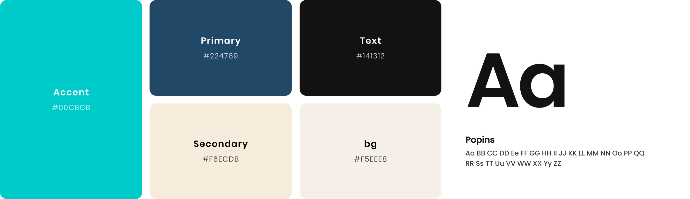 Colour tokens — accent, primary, text, secondary and surface — beside the Poppins specimen