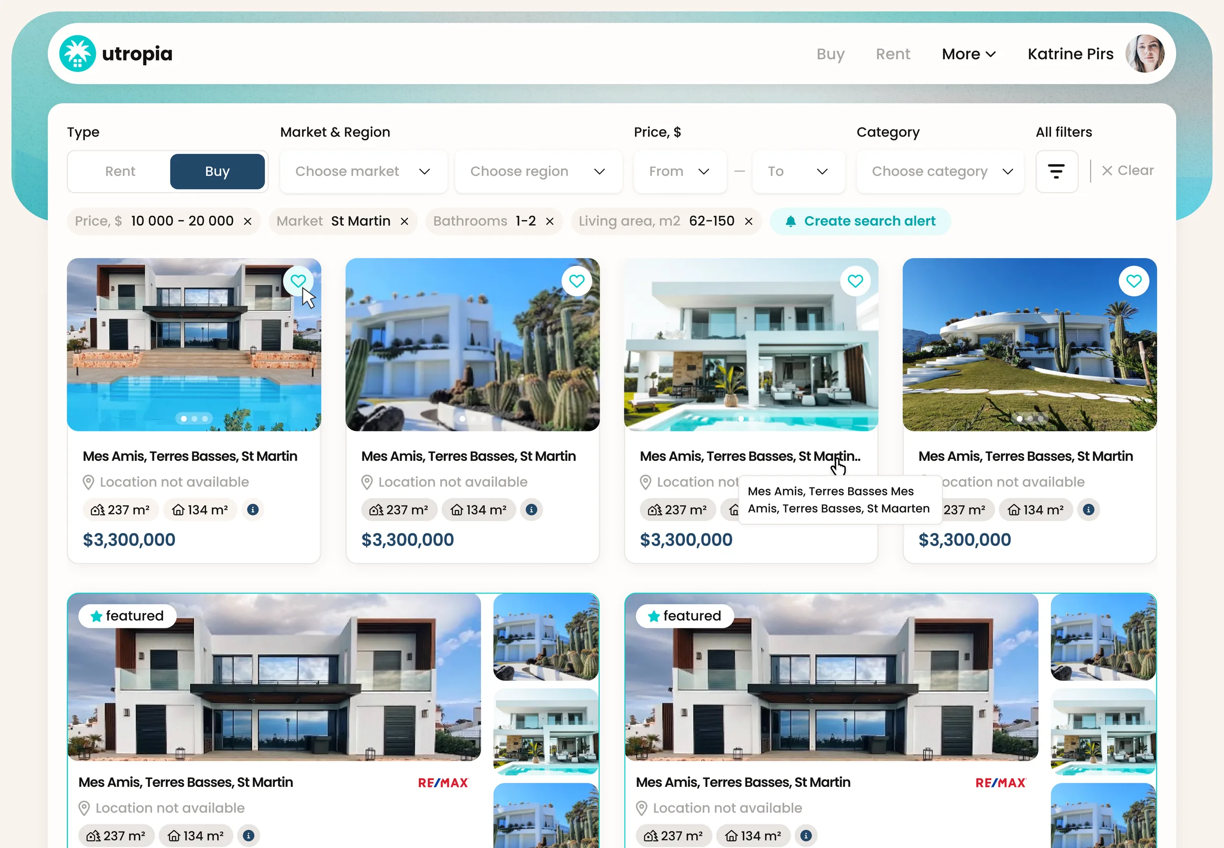 Search results — the filter bar, applied filter chips, a four-up result grid and a promoted featured row