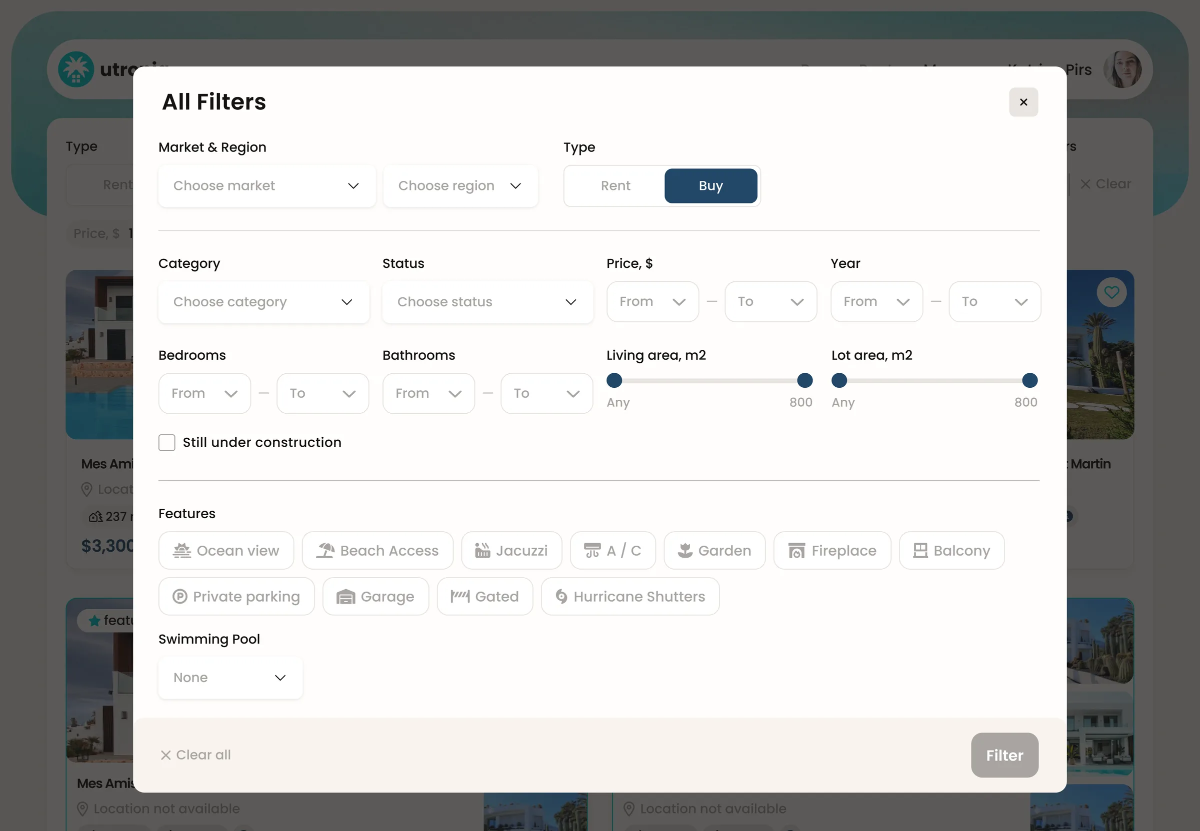 The All Filters modal — market, type, category, status, price, year, bedrooms, bathrooms, area sliders and feature chips