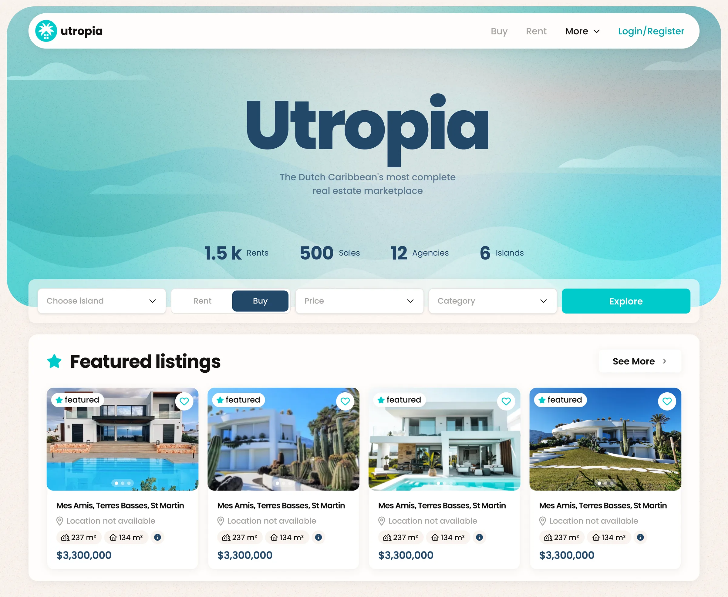 Utropia marketplace landing page — search bar, regional counters and featured listings