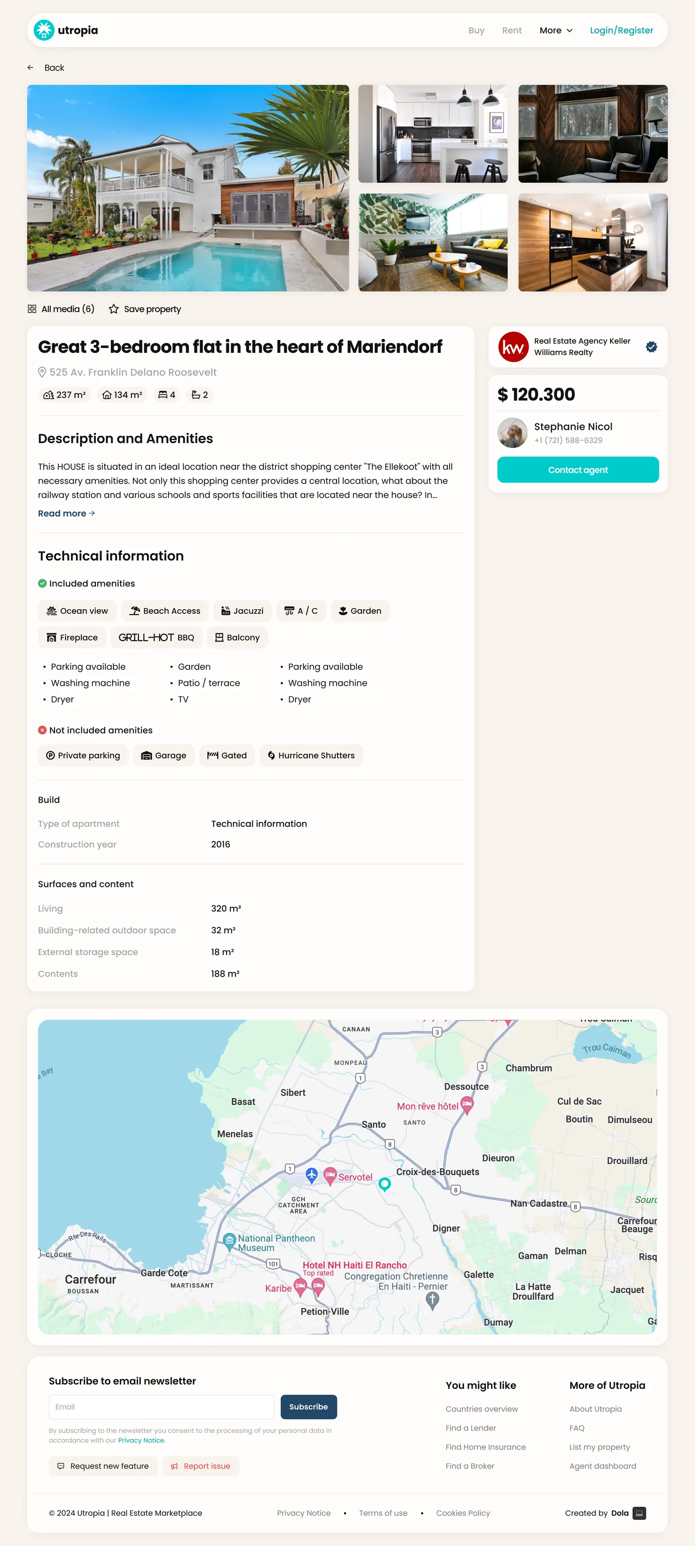 A full listing page — gallery, headline stats, description, technical information, the agent rail and a location map
