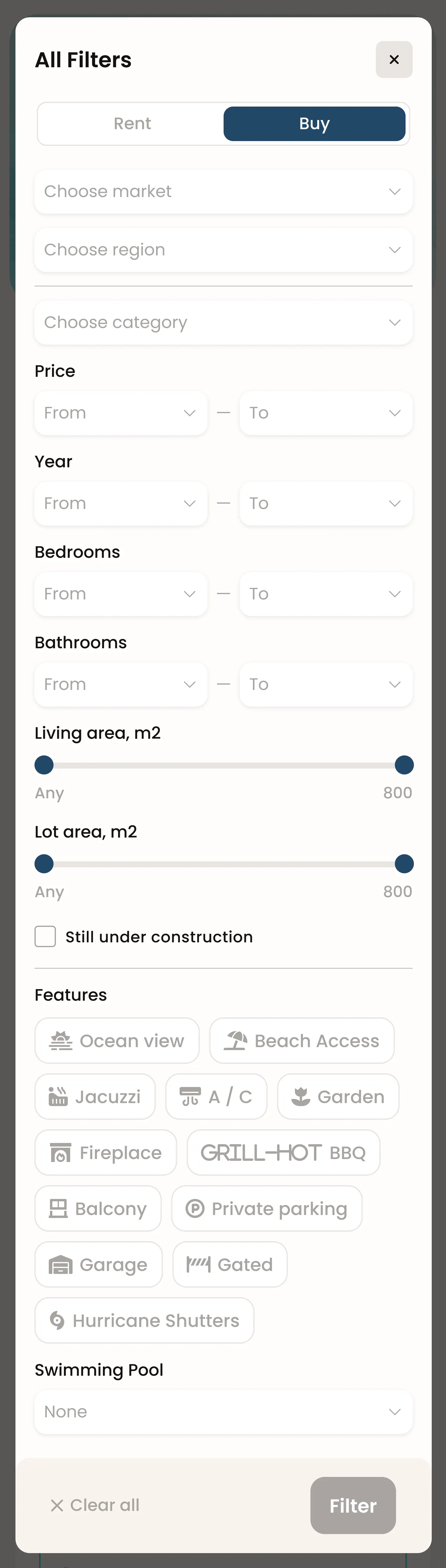 The All Filters sheet at phone width — every control single-column, feature chips wrapping to six rows