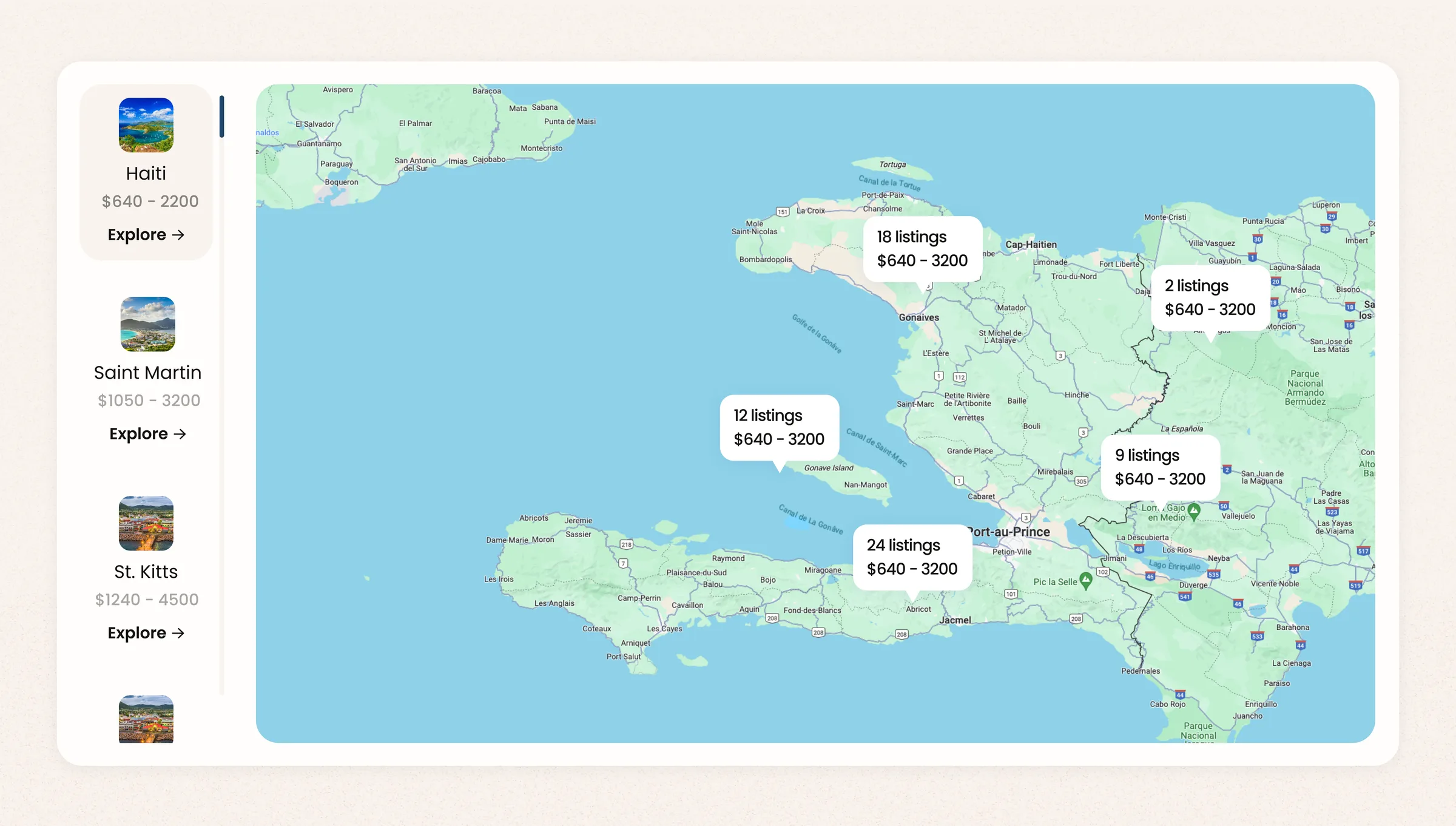 Island rail beside a map of clustered listings, each cluster carrying its count and price range