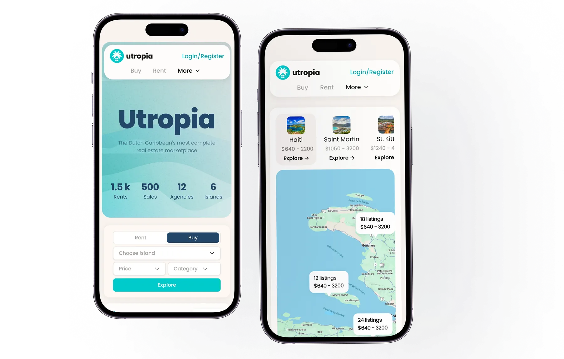 The marketplace on two iPhone screens — the landing search, and the island rail above the map